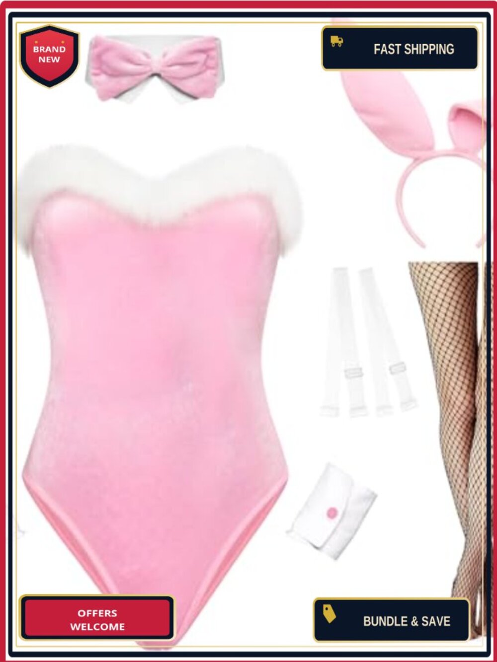 RSLOVE 7 Pc Bunny Costume Set Teddy Bodysuit Stockings Cosplay